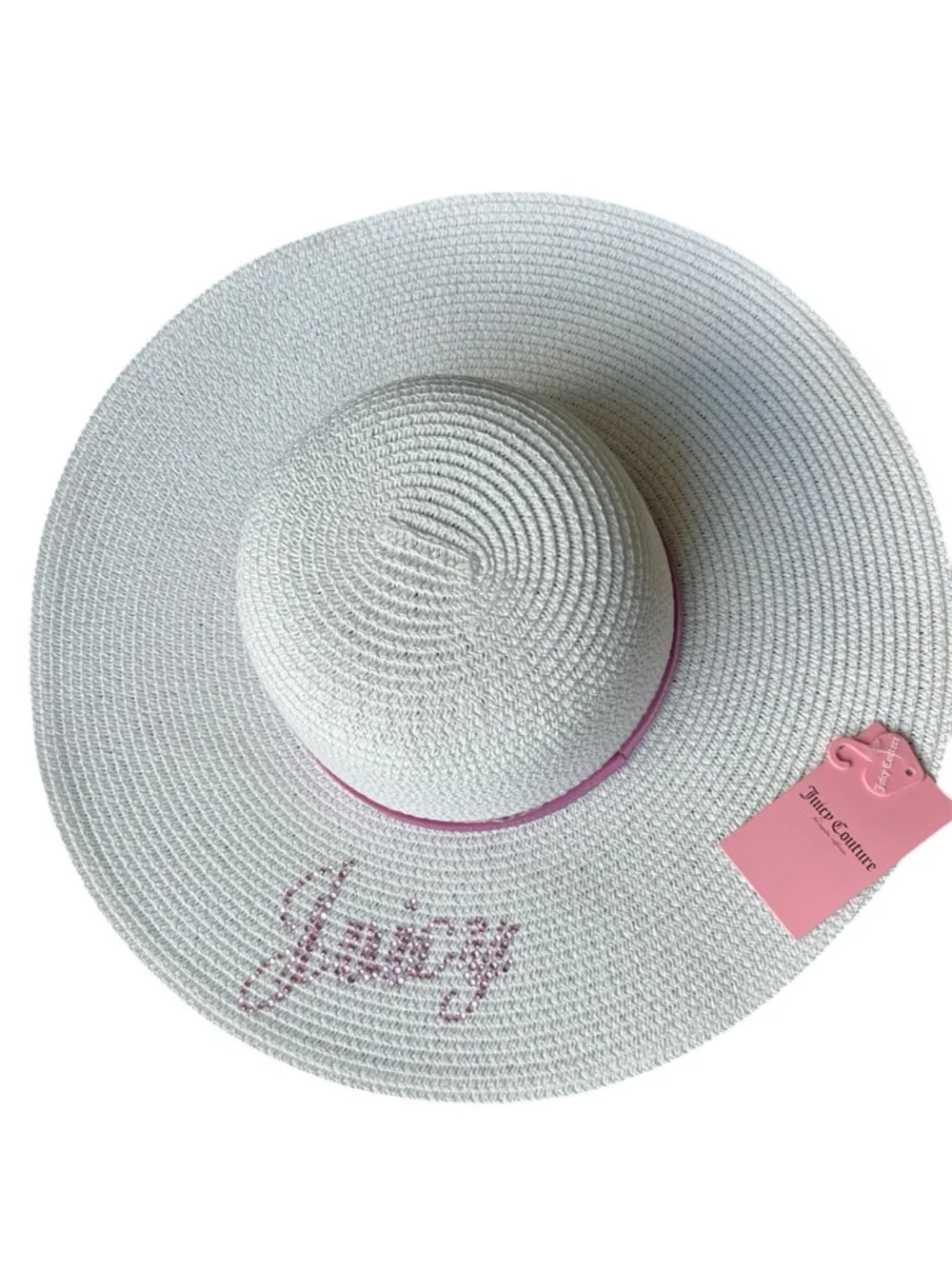 Juicy Couture floppy white straw sun hat w pink sequin logo metallic band NEW